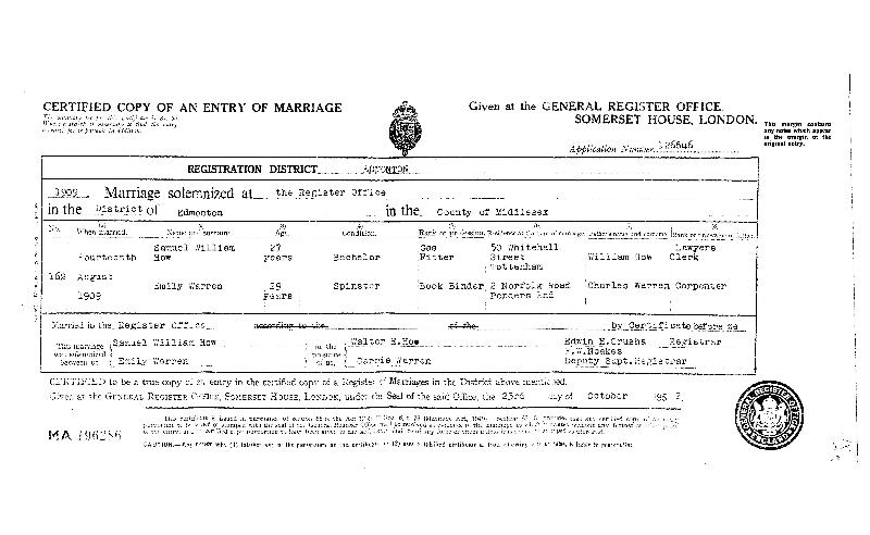 Marriage Cert Samuel How Emily Warren